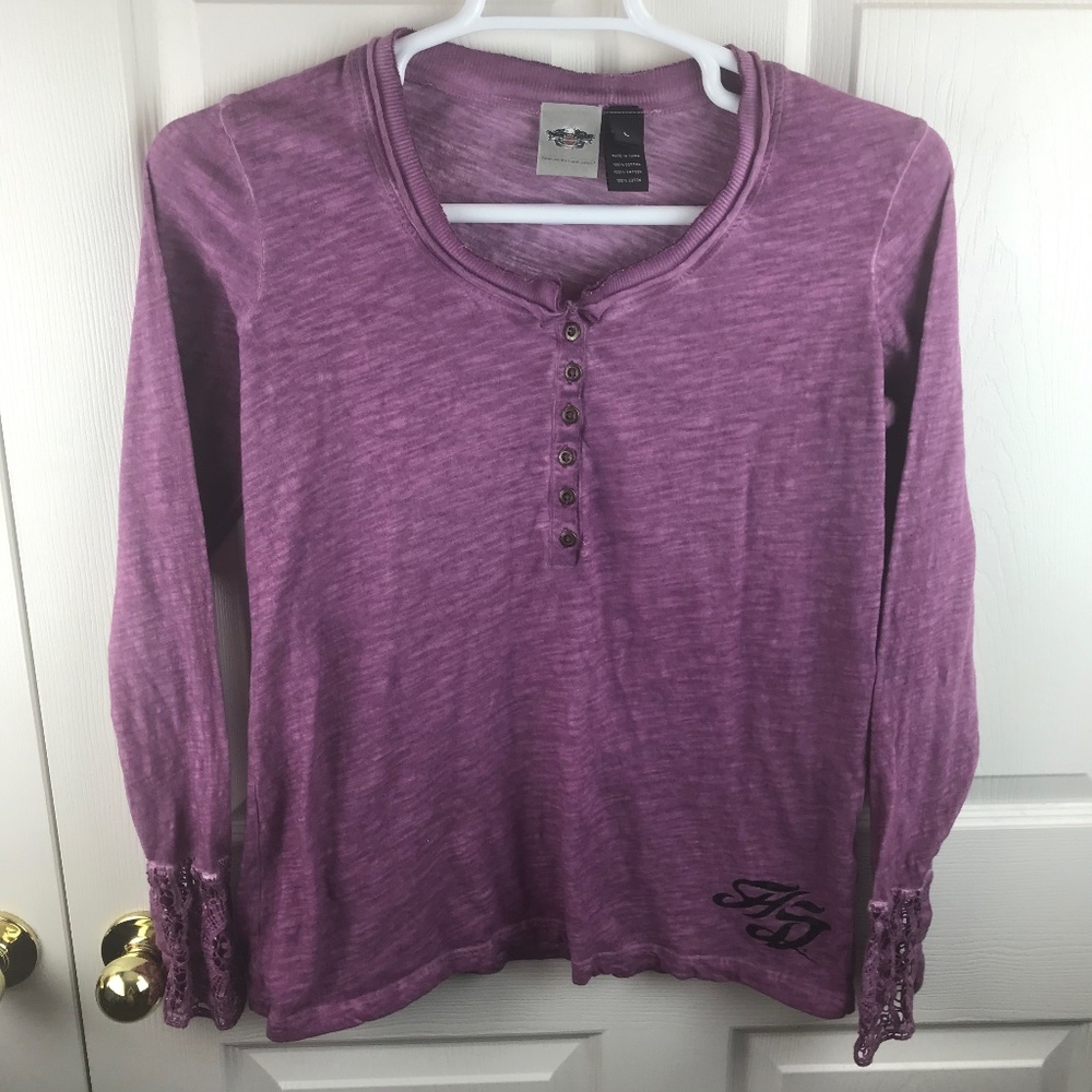 Harley Davidson Henley Purple Top Crochet Cuffs